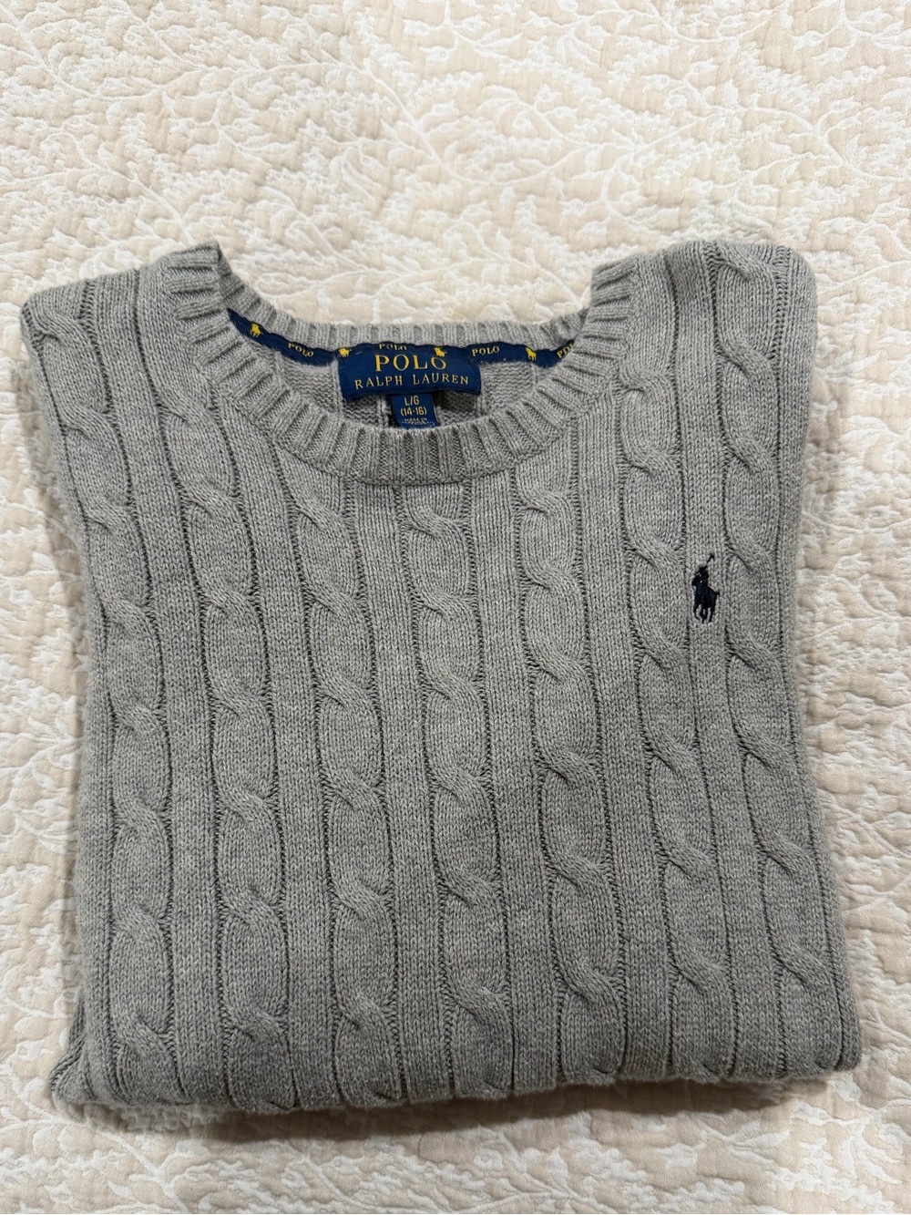 Ralph Lauren Light Gray Cable Knit Crewneck Sweater with Navy Pony Size L EUC